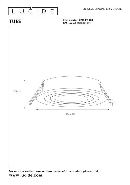 Lucide TUBE - Spot encastrable - Ø 9,2 cm - 1xGU10 - Blanc - TECHNISCH